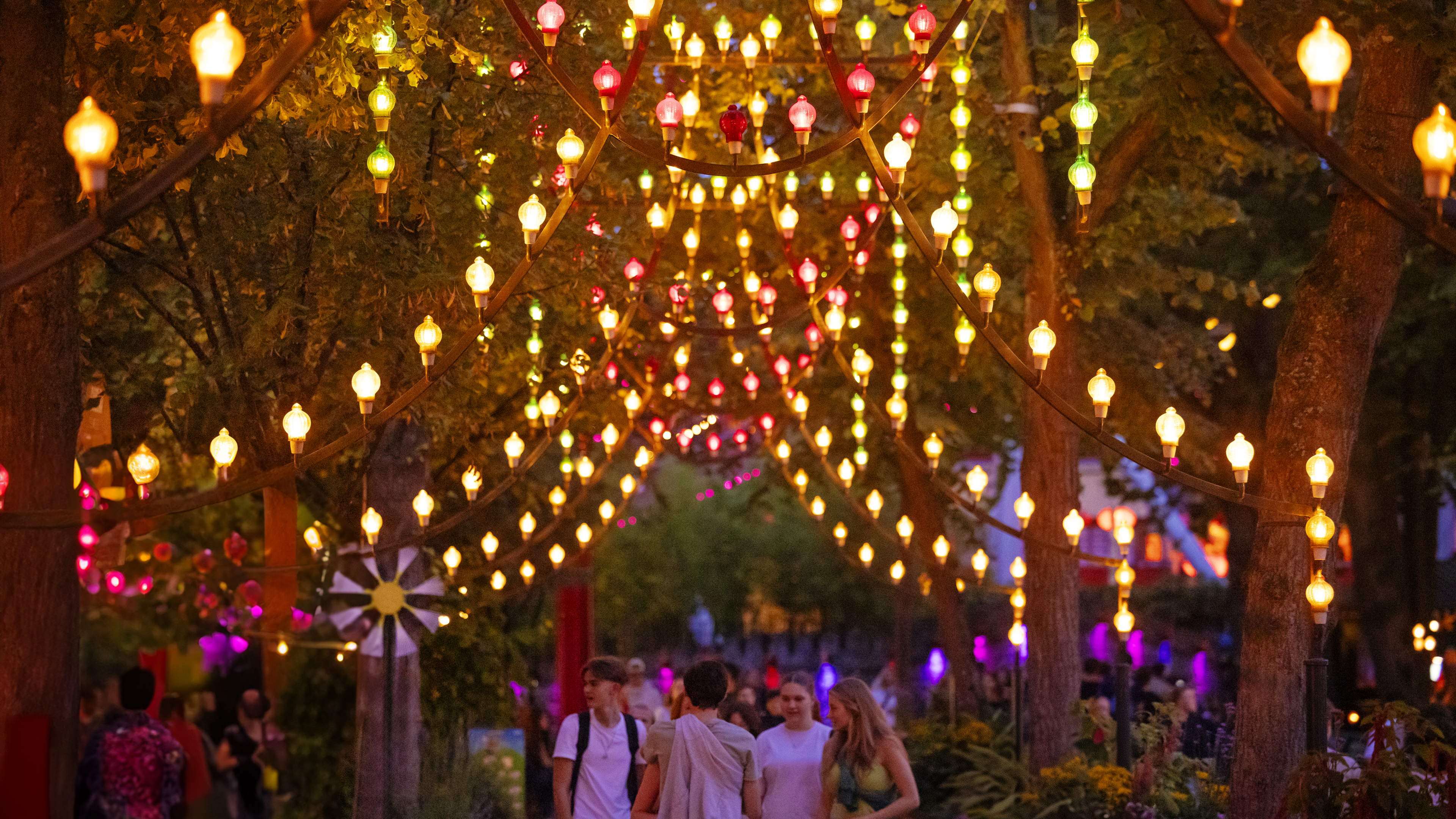 Colorful lights brighten the evening from the Tivoli Arch.